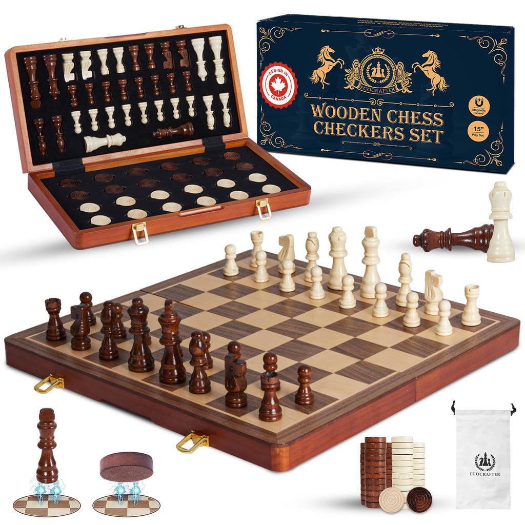 ECOCRAFTER 15'' 2 in 1 Wooden Magnetic Chess and Checkers Set (2 Extra Queens, Foldable Board & Cotton Storage Bag) Magnetic Chess Sets for Adults with Color Gift Box, Handmade Checkers Board Game