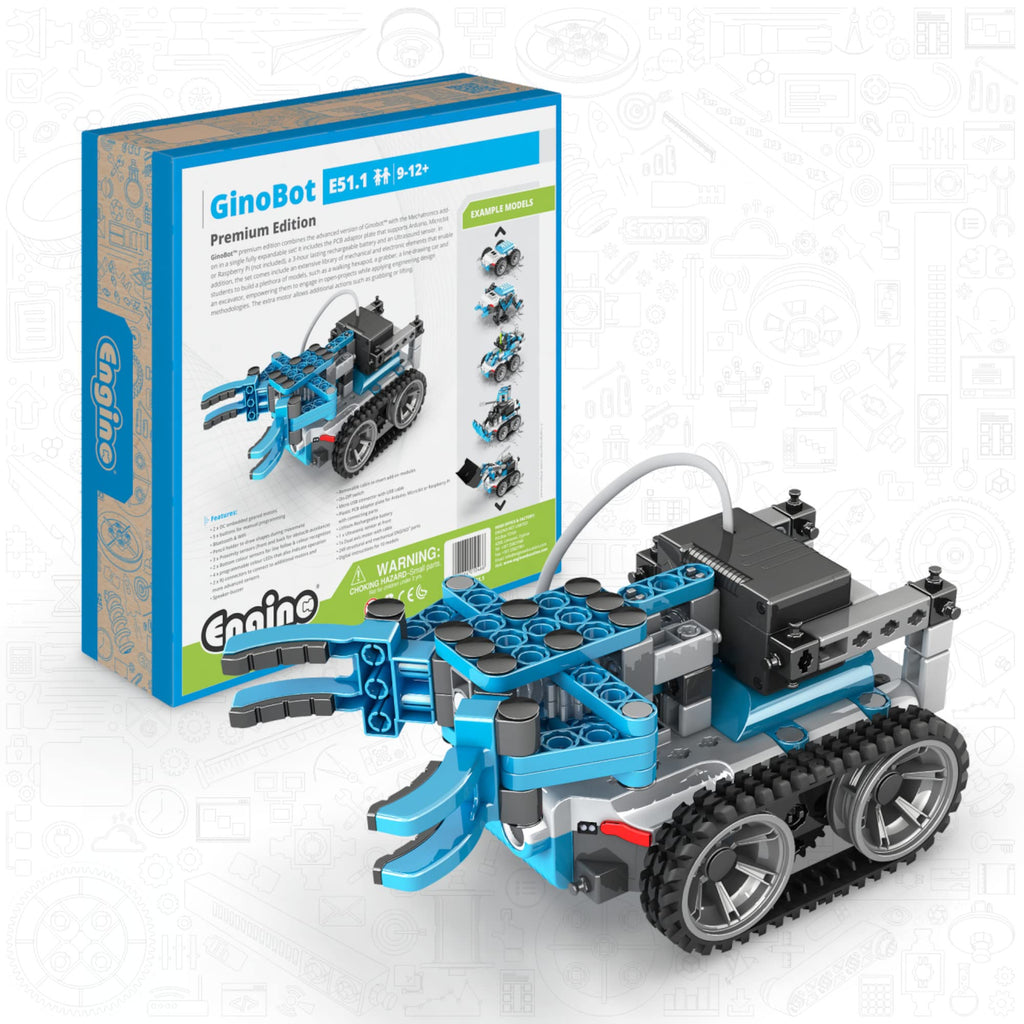 Engino Education GinoBot Premium Edition Homeschooling and Classroom Kit for Ages 7+, Includes Ultrasound, Rechargeable Battery, PCB Adaptor Plate, and Mechatronics Add-On, in Carton Box