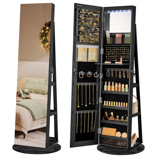 SONGMICS 6 LEDs Lockable Mirror Jewelry Cabinet, 360° Swivel Jewelry Organizer, Standing Jewelry Armoire, Frameless Full-Length Mirror, 3 Storage Shelves, Christmas Gifts,Black Surface