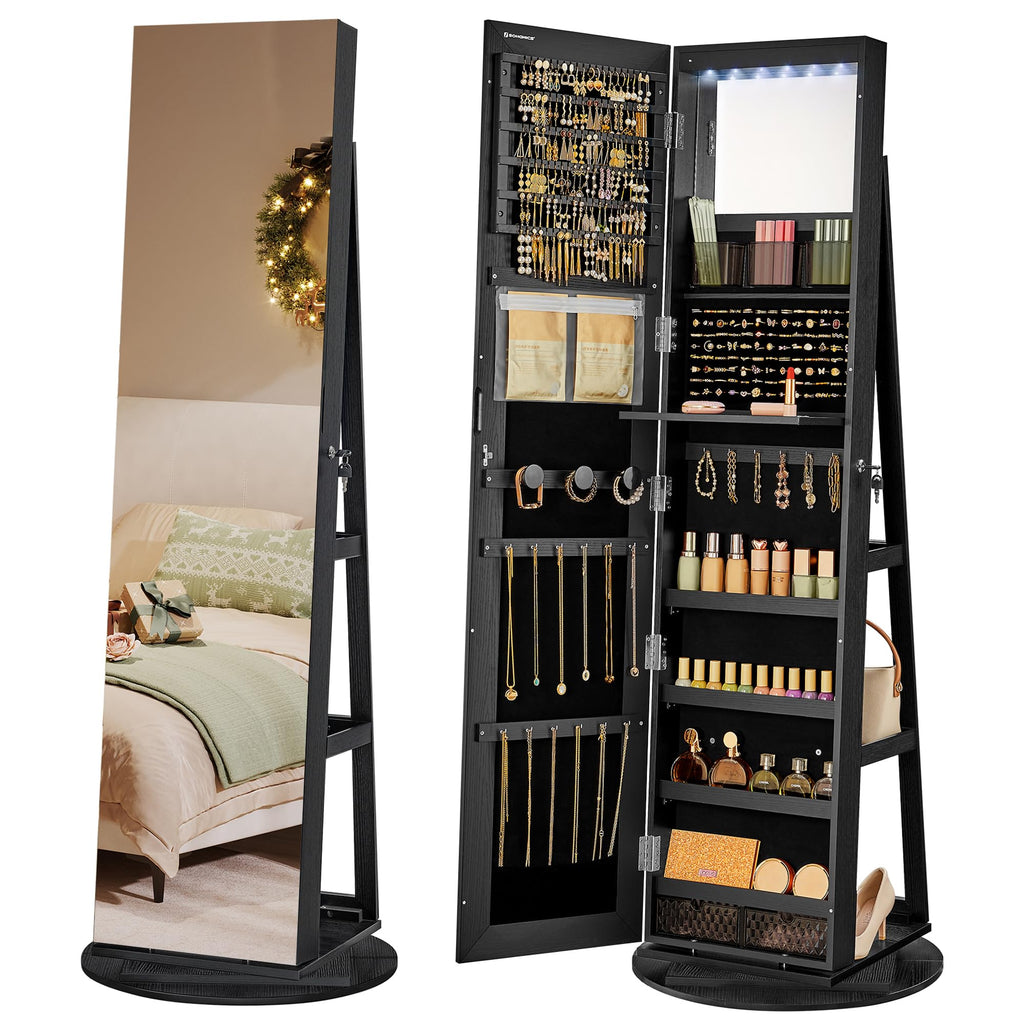 SONGMICS 6 LEDs Lockable Mirror Jewelry Cabinet, 360° Swivel Jewelry Organizer, Standing Jewelry Armoire, Frameless Full-Length Mirror, 3 Storage Shelves, Christmas Gifts,Black Surface