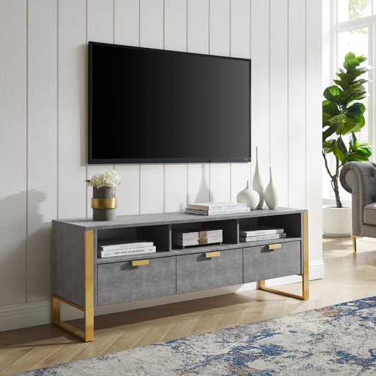 Nicole Miller Abdiel Tv Stand & Cabinet, Faux Shagreen with Gold Base & Handle, 3 Drawers, Grey