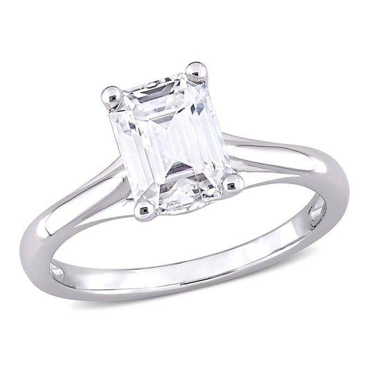 Abbie+Cleo Emerald Shape Created White Moissanite Gemstone Solitaire Statement Ring in 10K White Gold, Size 7