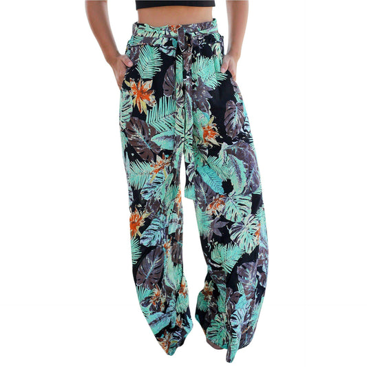 BROVAVE Women's Casual Boho Floral Print High Waist Wide Leg Pants Lounge Pants Beach Summer with Pockets S Black