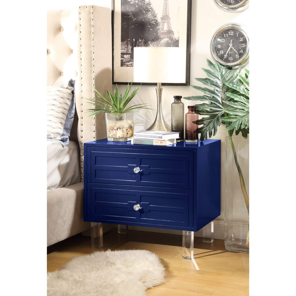 Inspired Home Donatello Blue Glossy Modern Nightstand - 2-drawer | Lacquer Finish | Side Table | Lucite Acrylic Legs