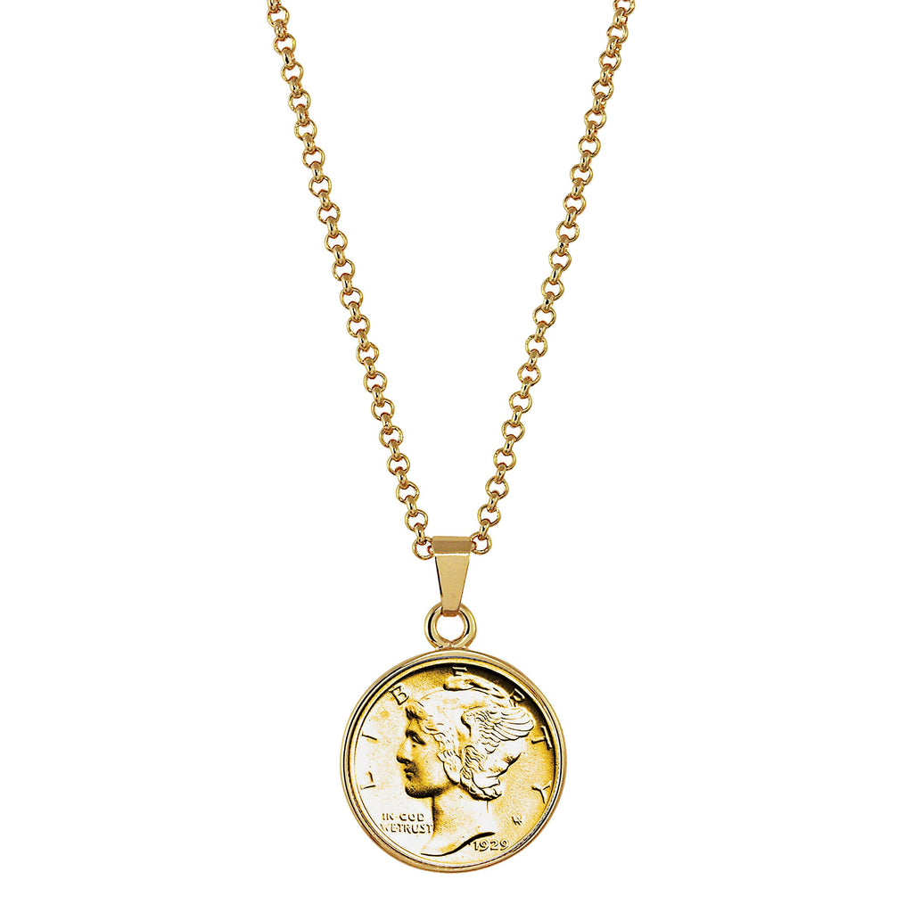 American Coin Treasures Gold-Layered Silver Mercury Dime Goldtone Coin Pendant with 18