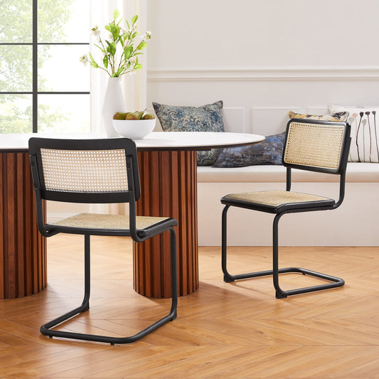 Loft Lyfe Ephraim Dining Chair, Armless and with Rattan Imitation Design (Set of 2), Black