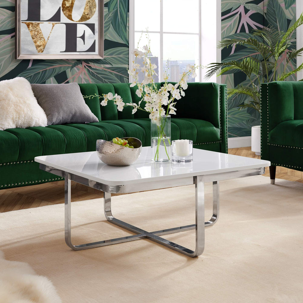Latrice White/Chrome Coffee Table - High Gloss Lacquer Finish Top | Polished Stainless Steel Base | X-Leg