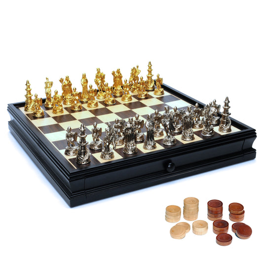 WE Games Medieval Chess & Checkers Game Set - Pewter Chessmen & Black Stained Wood Board with Storage Drawers 15 in.