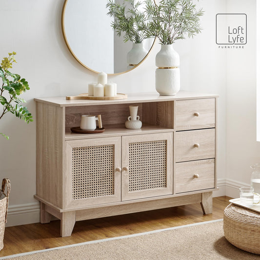 Loft Lyfe Rosalina Sideboard Console Table Media Center Natural Rattan 2 Doors 3 Drawers 1 Shelf Storage Compartments
