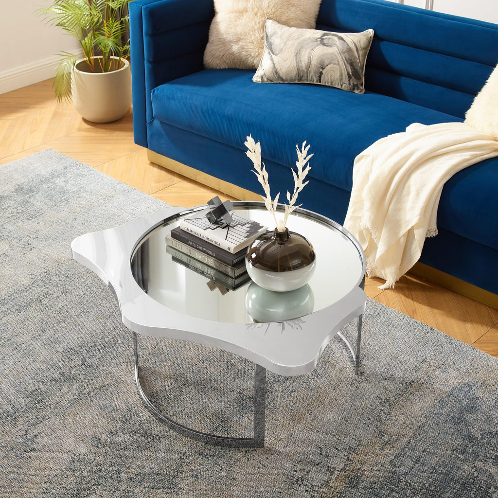 Inspired Home Cale Coffee Table Round Mirrored Top Abstract Shape Open Rounded Frame, Chrome