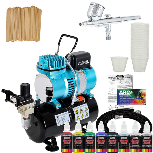 Master Airbrush Cool Runner II Dual Fan Air Storage Tank Compressor System Kit with Gravity Feed Airbrush, 6 Color Acrylic Paint Artist Set, Hose, Holder, Mixing Cups Sticks, How-To Airbrush Guide