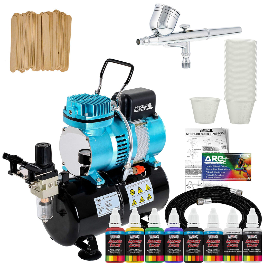 Master Airbrush Cool Runner II Dual Fan Air Storage Tank Compressor System Kit with Gravity Feed Airbrush, 6 Color Acrylic Paint Artist Set, Hose, Holder, Mixing Cups Sticks, How-To Airbrush Guide