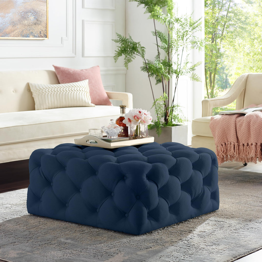 Inspired Home Navy Linen Cocktail Ottoman - Design: Madeline | Allover Tufted | Square | Castered Legs, 33L x 33W x 17H